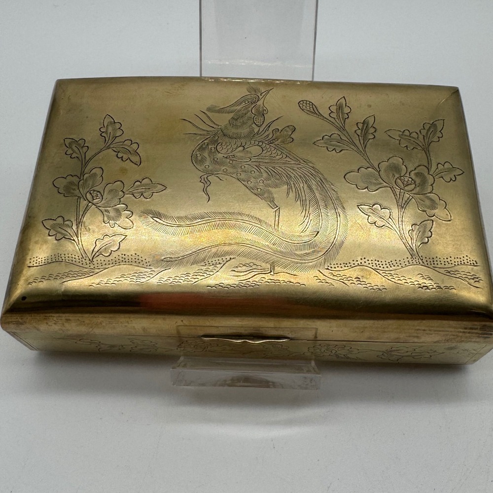 Vintage Chinese Etched Brass Phoenix Box Wood Lined Trinket Jewelry Storage Case